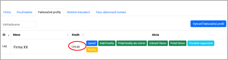 Fakturačný profil a stav kreditov