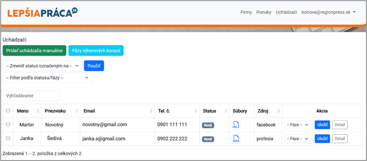Zoznam uchádzačov a fázy výberového procesu